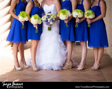 Bridesmaids Holding The Bouquets Blue Bridesmaid Dresses With Green