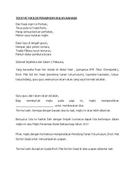 Teks ucapan perasmian speakers corner yang berbahagia. Teks Mc Majlis Perasmian Bulan Bahasa