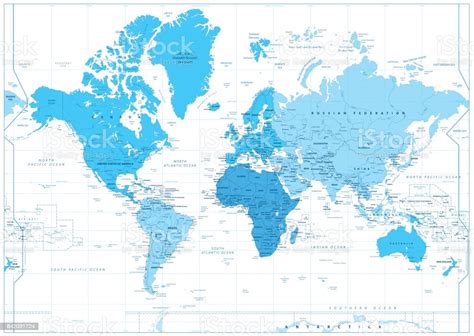 Weltkarte Mit Kontinenten In Den Farben Von Blau Auf Weiß Isoliert