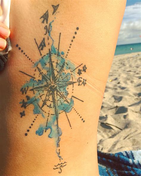Compass Tattoo With Birds Starfish Waves And Butterflies Blue