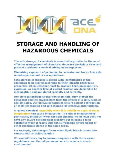 Safe Handling Of Chemicals In The Workplace Pdf Storage