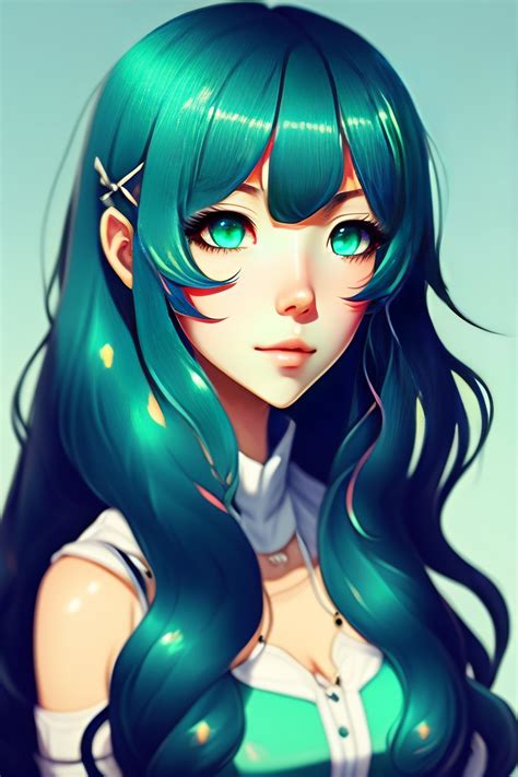 Lexica Cute Anime Girl Long Hair Green Eyes Blue Hair