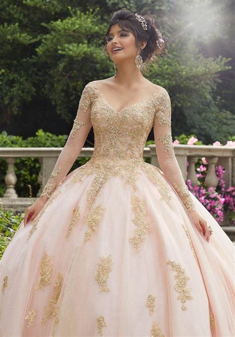 Metallic Lace And Glitter Tulle Quinceañera Dress Morilee Style 89272 Long Sleeve