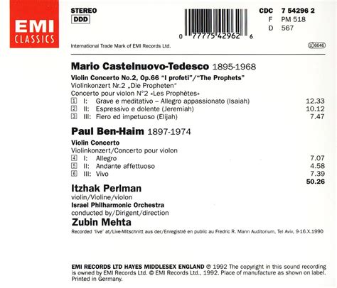 Magical Journey Mario Castelnuovo Tedesco Paul Ben Haim Violin Concertos Itzhak Perlman