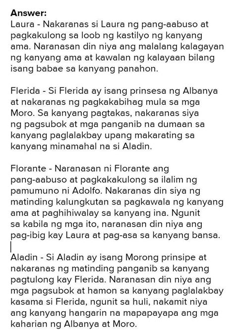 Isulat Ang Mga Natanging Karanasan Ng Mga Sumusunod Na Tauhan Florante