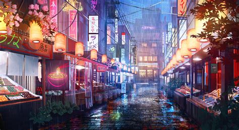 Fondos De Pantalla Arte Digital Arte Japonés Noche Calle Lluvia