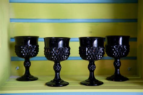 Vintage Tiara Black Hobnail Glass Wine Goblets