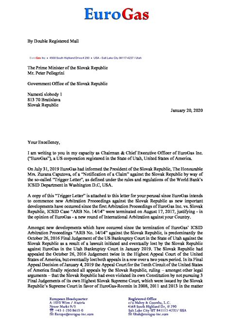 Eurogas Inc January 20 2020 Letter To The Prime Minister Of The Slovak Republic The Honorable
