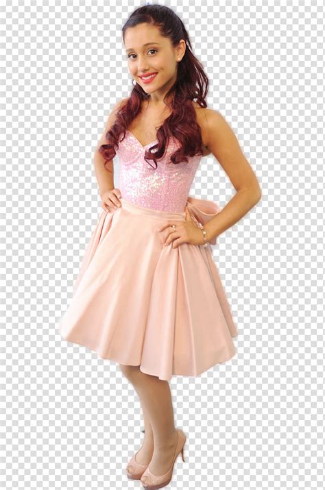 Ariana Grande Smiling Woman Wearing Pink Satin Dress While Hands On