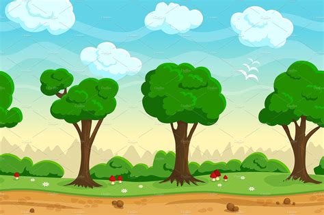 Ad Seamless Cartoon Game Landscape With Bright Green Trees And Small