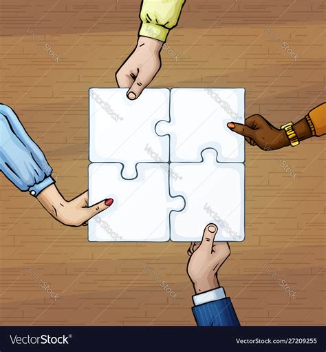 4 Persons Hands Holding Puzzle Pieces Team Work Vector Image