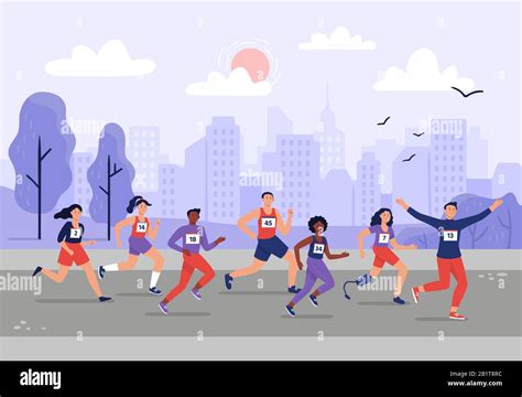 City Marathon People Running Together Athletic Training And Sport Marathons Runners Vector