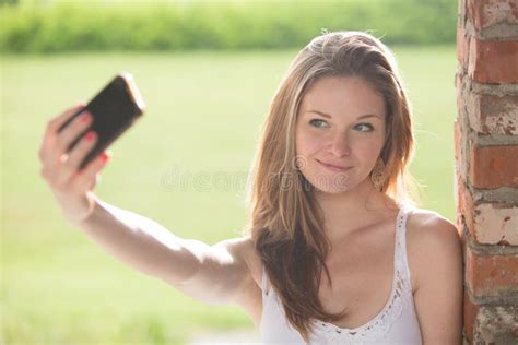 Young Redhead Woman Selfie Smartphone Outdoor Stock Image Image Of