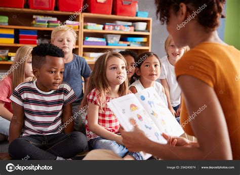 Group Elementary School Pupils Sitting Floor Listening Female Teacher