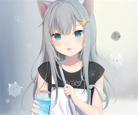 Amashiro Natsuki Animal Ears Catgirl Cropped Drink Fang Gradient Gray