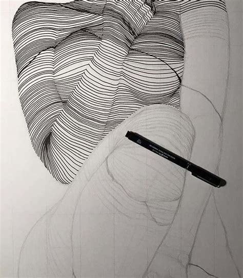 A Pencil Drawing Of A Womans Torso With Wavy Lines On The Back And Sides