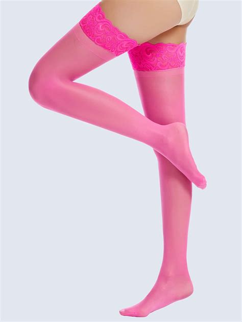 Hot Pink Collar Fabric Plain Embellished Women Socks And Hosiery Pink Thigh High Pink Knee High