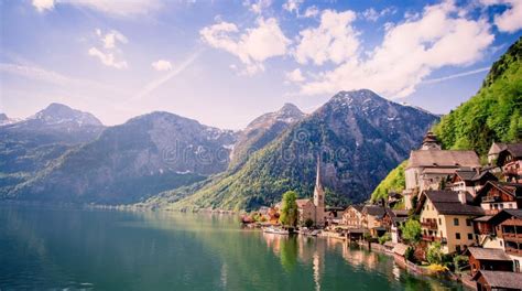 Panorama View Of Spring At Hallstatt Austria Mountain Village In The
