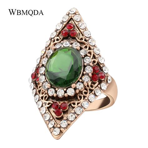 Bohemian Rhombus Red Crystal Ring Turkish Antique Gold Big Green Stone