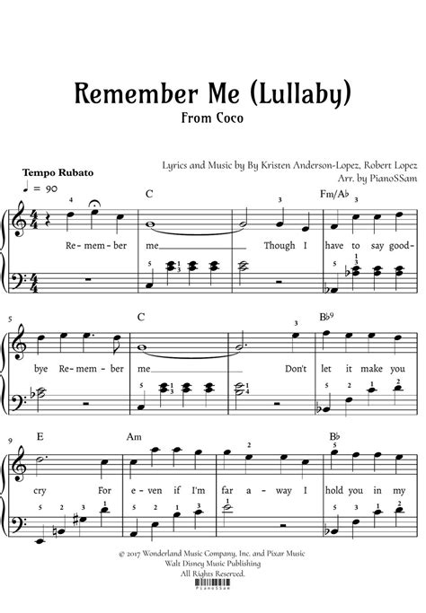 Coco Level 2 Remember Melullaby Piano Arrangement In C Major