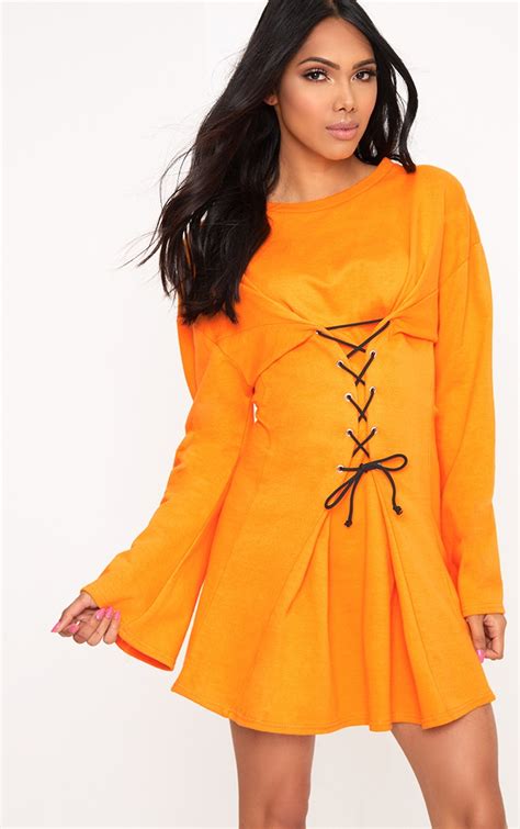 Orange Flared Sleeve Corset Detail Sweater Dress Dresses