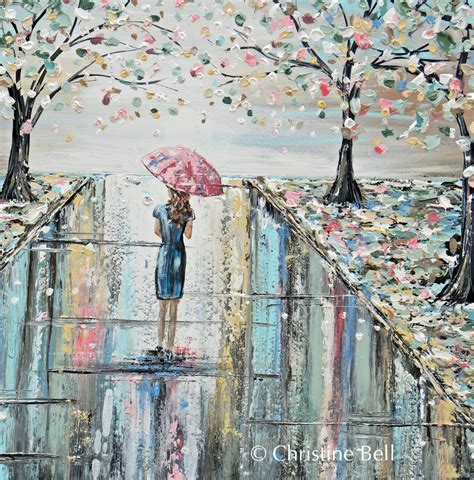 Original Art Abstract Painting Woman W Umbrella Trees Blue Green Pink