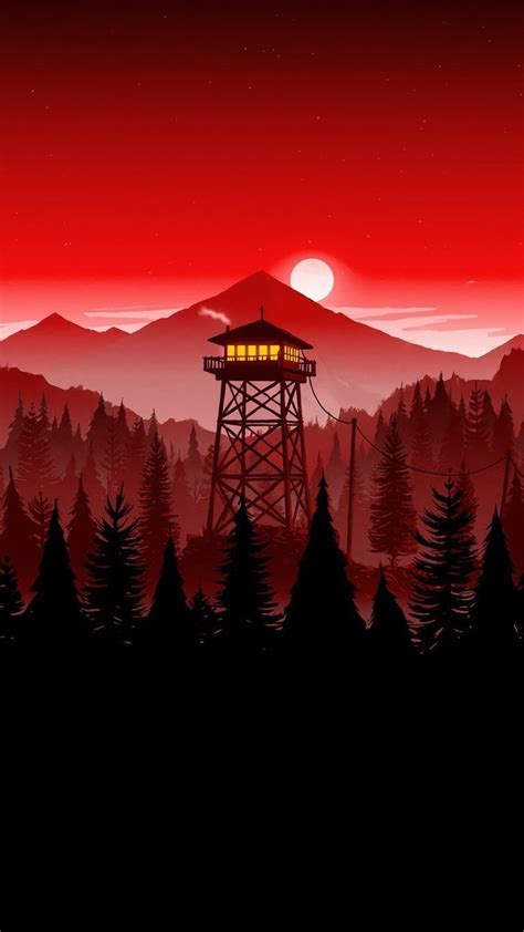 A Red Sky With Trees And A Tower In The Foreground