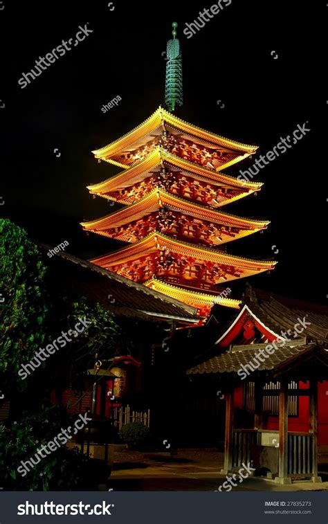 Sensoji Temple Pagoda At Night Asakusa Tokyo Japan Stock Photo