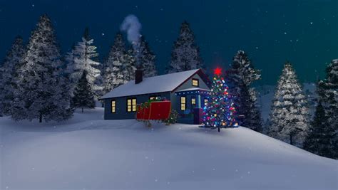 Dreamlike Winter Scene Illuminated Christmas Tree And Rustic House With Smoking Chimney At