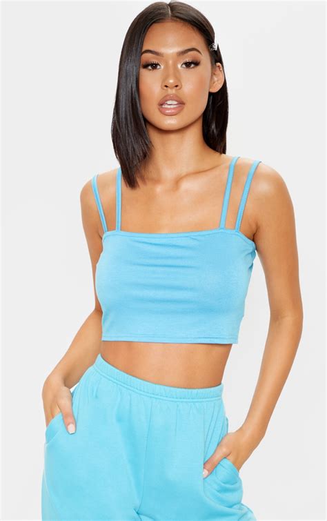 Basic Aqua Jersey Double Strap Crop Top Prettylittlething