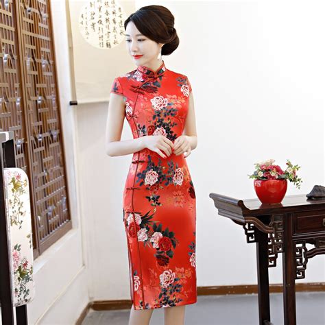Hot Sale Red Sexy Plus Size Floral Cheongsam Women Satin Qipao Mandarin Collar Chinese Vintage
