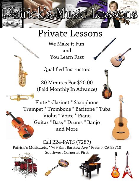 Music flyer examples are popular across the globe. Patrick's Music …Etc. | Music lessons, Drum lessons, Music student gifts