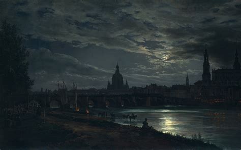Wallpaper Painting Night Moon City Bridge River View Of Dresden