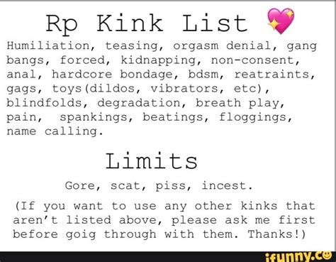 Rp Kink List “ª Humiliation Teasing Orgasm Denial Gang Bangs