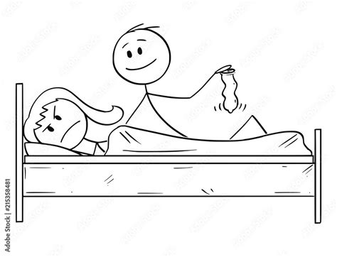 Cartoon Stick Drawing Conceptual Illustration Of Couple In Bed Man Wants Sexual Intercourse