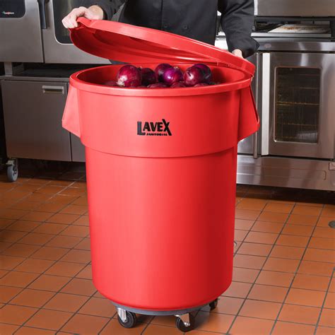 Lavex Janitorial 55 Gallon Red Round Commercial Trash Can With Lid And
