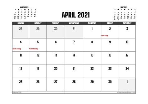April 2021 Calendar Canada Printable