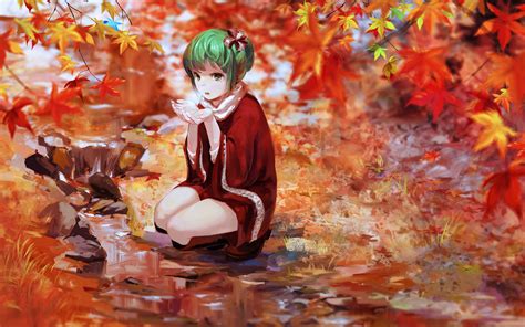 Wallpaper Painting Anime Green Hair Scarf Boots Autumn Flower
