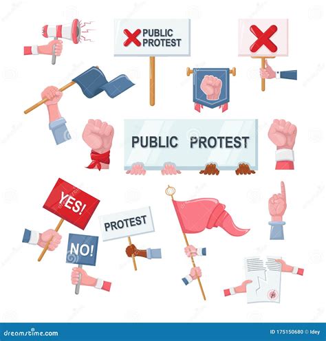 Protesters Holding Posters Placards Banners Flags Vector Stock