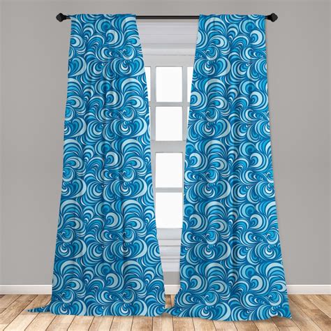 Blue Window Curtains Marine Waves Pattern Abstract Curly Forms Spirals