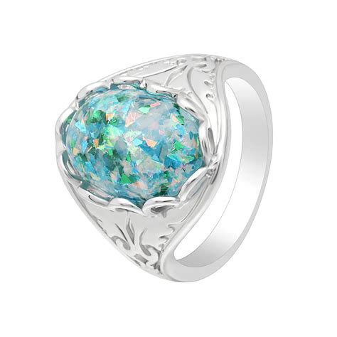 Color Green Oval Opal Ring For Women Fashion Accessories Vintage Silver Plated Jewelry Lady