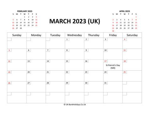 Download Printable Uk Calendar March 2023