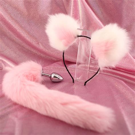 Pink And White Fox Tail Metallic Anal Plug Sexy Plush Hair Clip Ear Sm