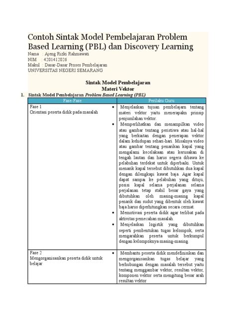 Contoh Sintak Model Pembelajaran Problem Based Learning