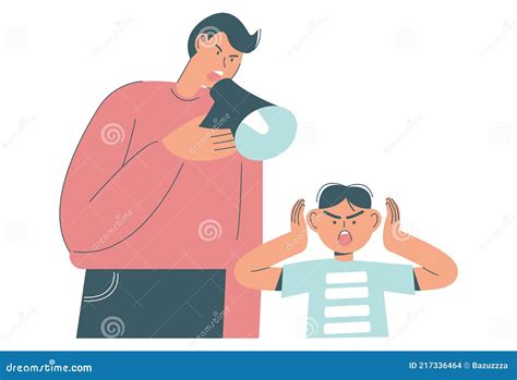 Angry Father Screaming Through Megaphone Scolding His Scared Son Flat