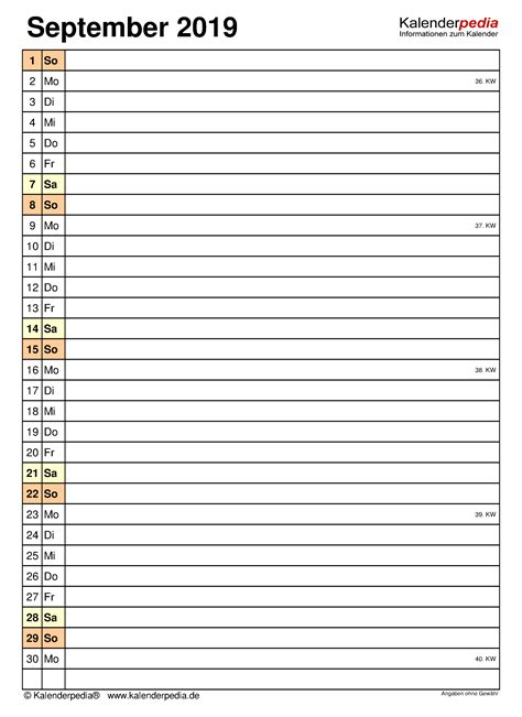 Kalender September 2019 Als Excel Vorlagen