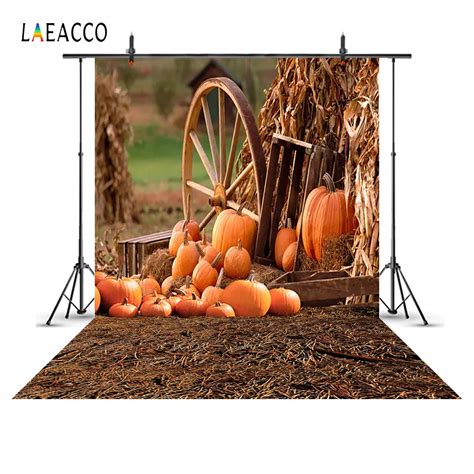 Laeacco Autumn Rural Farm Pumpkins Wheel Haystack Scene Photography