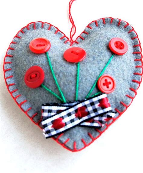Heart Ornament Felt Grey With Button Flowers Mothers Etsy Felt