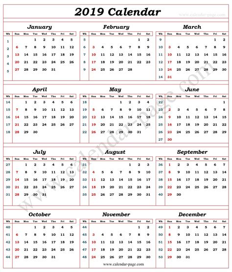Calendar 2019 With Week Numbers - Blank Calendar 2019 | Calendar with week numbers, Calendar ...