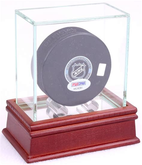 Single Hockey Puck Display Case With Mirrored Cherry Wood Base And Glass